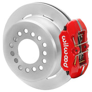 Wilwood rear Forged Dynapro Low Profile brake kit for staggered BOP 11-inch configuration: Assembled rear brake showing a red-finish Forged Dynapro Low Profile caliper, undrilled, with short machined face grooves rotor and deep parking-drum center.