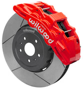 Wilwood front SX6R brake kit for Corvette C8: Red-finish SX6R caliper over a slotted rotor and silver center hat in an assembled brake view.