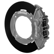 Wilwood rear UTV6 brake kit for Polaris RZR Turbo S/S4 rear package: Assembled gray anodized UTV6 caliper over a black solid rotor ring and silver dynamic-mount adapter; the center opening is visible.