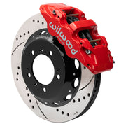 Wilwood front AERO6 brake kit for Porsche 996/997 and Boxster/Cayman: Red-finish AERO6 caliper over a drilled and slotted rotor and black center hat in an assembled brake view.