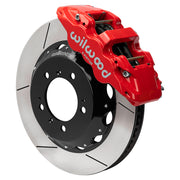 Wilwood front AERO6 brake kit for Porsche 996/997 and Boxster/Cayman: Red-finish AERO6 caliper over a slotted rotor and black center hat in an assembled brake view.