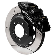 Wilwood front AERO6 brake kit for Porsche 996/997 and Boxster/Cayman: Black AERO6 caliper over a slotted rotor and black center hat in an assembled brake view.