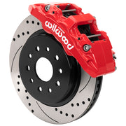 Wilwood Jeep Wrangler JK front 13.38-inch brake assembly, red AERO6-DM caliper and srp drilled & slotted rotor