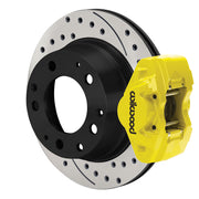 Wilwood Porsche 911 (1969–1983) rear 11.42 × 0.80-inch brake assembly, yellow D31 caliper and srp drilled & slotted rotor