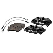 Wilwood black front SLC56 calipers for Corvette C5, alternate arrangement with brake pads and braided flexlines