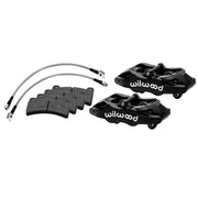 Wilwood black rear DPC56 calipers for Corvette C5, alternate arrangement with brake pads and braided flexlines