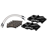 Wilwood black front SLC56 calipers for Corvette C6 Base, alternate arrangement with brake pads and braided flexlines