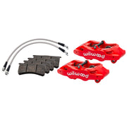Wilwood red front SLC56 calipers for Corvette C6 Base, alternate arrangement with brake pads and braided flexlines