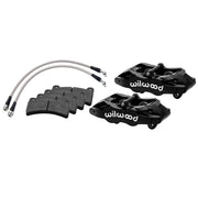 Wilwood black rear DPC56 calipers for Corvette C6 Base, alternate arrangement with brake pads and braided flexlines