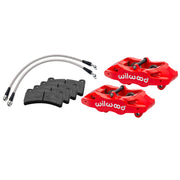 Wilwood red rear DPC56 calipers for Corvette C6 Base, alternate arrangement with brake pads and braided flexlines