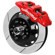 Wilwood red AERO6 front caliper beside the assembled 14.00-inch slotted rotor and hub for Chevrolet full-size drum-spindle