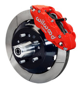 Wilwood red Superlite 6R front caliper beside the assembled 12.88-inch slotted rotor and hub for listed Chevrolet full-size and Corvette spindle