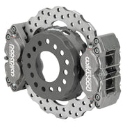 Wilwood Big Ford New Style 2.50-inch rear drag brake assembly showing dual anodized XRD calipers around the drilled scalloped rotor and dynamic hat