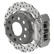 Wilwood Oldsmobile/Pontiac 2.81-inch 11/16-inch-stud rear drag brake assembly showing a single anodized XRD caliper around the drilled scalloped rotor and dynamic hat
