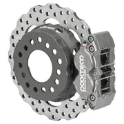 Wilwood M-W/Lamb 2.81-inch half-inch-stud rear drag brake assembly showing a single anodized XRD caliper around the drilled scalloped rotor and dynamic hat