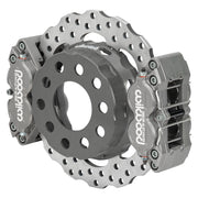 Wilwood M-W/Lamb 2.81-inch 11/16-inch-stud rear drag brake assembly showing dual anodized XRD calipers around the drilled scalloped rotor and dynamic hat