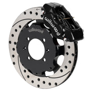 Wilwood black Dynalite front caliper beside the assembled 11.75-inch drilled and slotted rotor and hat for Mazda Miata NA/NB