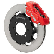 Wilwood red Dynalite front caliper beside the assembled 11.75-inch plain rotor and hat for Mazda Miata NA/NB