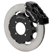 Wilwood black Dynalite front caliper beside the assembled 11.75-inch plain rotor and hat for Mazda Miata NA/NB