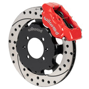 Wilwood red Dynalite front caliper beside the assembled 11.75-inch drilled and slotted rotor and hat for Mazda MX-5 and Fiat 124 Spider