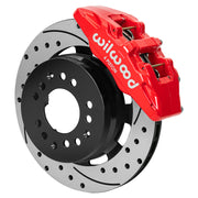 Wilwood red DP6A front caliper beside the assembled 12.19-inch drilled and slotted rotor and hat for aluminum ProSpindle