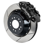 Wilwood black FNSL6R front caliper beside the assembled 14.00-inch slotted rotor and hat for aluminum ProSpindle