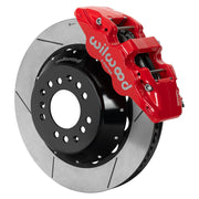 Wilwood red AERO6 front caliper beside the assembled 14.00-inch slotted rotor and hat for aluminum ProSpindle