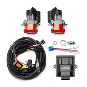 Wilwood universal rear parking brake kit, red calipers for nominal 0.39-inch rotor width, product view 2 with the control unit, switch and harness laid out