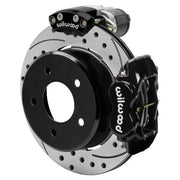 Wilwood black C1500 rear assembly showing the Dynalite service caliper, separate electric parking caliper and drilled and slotted rotor