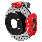 Wilwood red C1500 rear assembly showing the Dynalite service caliper, separate electric parking caliper and drilled and slotted rotor