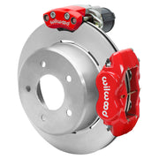 Wilwood red C1500 rear assembly showing the Dynalite service caliper, separate electric parking caliper and plain rotor