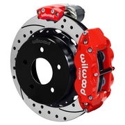 Wilwood rear Forged Narrow Superlite 4R assembly for C1500, red caliper and 14-inch srp drilled and slotted rotor, with electric parking caliper