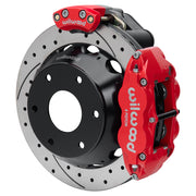 Wilwood rear Forged Narrow Superlite 4R assembly for Big Ford New Style 2.50-Inch Offset, red caliper and 12.88-inch srp drilled and slotted rotor, with electric parking caliper