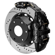 Wilwood rear AERO4 assembly for Big Ford New Style 2.50-Inch Offset, black caliper and 14-inch srp drilled and slotted rotor, with electric parking caliper