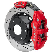 Wilwood rear AERO4 assembly for Big Ford New Style 2.50-Inch Offset, red caliper and 14-inch srp drilled and slotted rotor, with electric parking caliper