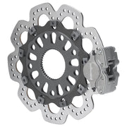 Wilwood GP200 right rear caliper with 10.50-inch scalloped steel rotor, assembled brake view for Sprint Cars