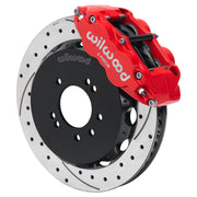 Wilwood red FNSL6R front caliper with 12.88-inch drilled and slotted rotor, assembled brake view for Nissan 240SX / Skyline / 300ZX