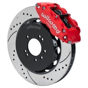 Wilwood red FNSL6R front caliper with 14.00-inch drilled and slotted rotor, assembled brake view for Nissan 240SX / Skyline / 300ZX