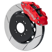 Wilwood red FNSL6R front caliper with 14.00-inch slotted rotor, assembled brake view for 1995–1998 Nissan Skyline R33