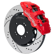 Wilwood red AERO6 front caliper with 14.00-inch drilled and slotted rotor, assembled brake view for 1999–2002 Nissan Skyline R34