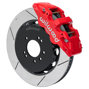 Wilwood red AERO6 front caliper with 14.00-inch slotted rotor, assembled brake view for 1999–2002 Nissan Skyline R34