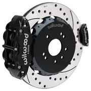 Wilwood black FNSL4R / MC4 rear caliper with 13.50-inch drilled and slotted rotor, assembled brake view for 1989–1998 Nissan 240SX