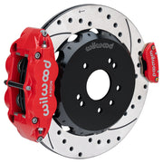 Wilwood red FNSL4R / MC4 rear caliper with 13.50-inch drilled and slotted rotor, assembled brake view for 1989–1998 Nissan 240SX