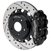 Wilwood black FNSL4R rear caliper with 13.50-inch drilled and slotted rotor, assembled brake view for Nissan Skyline / 300ZX