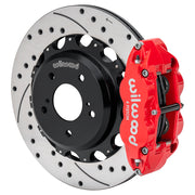 Wilwood red FNSL4R rear caliper with 13.50-inch drilled and slotted rotor, assembled brake view for Nissan Skyline / 300ZX