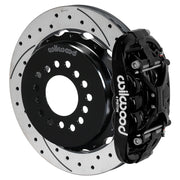 Wilwood black XRS4R rear caliper with 12.88-inch drilled and slotted rotor, assembled brake view for Big Ford New Style 2.50-inch Offset