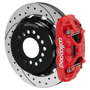 Wilwood red XRS4R rear caliper with 12.88-inch drilled and slotted rotor, assembled brake view for Big Ford New Style 2.50-inch Offset