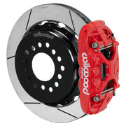 Wilwood red XRS4R rear caliper with 12.88-inch slotted rotor, assembled brake view for Big Ford New Style 2.50-inch Offset