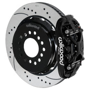 Wilwood black XRS4R rear caliper with 14.00-inch drilled and slotted rotor, assembled brake view for Big Ford New Style 2.50-inch Offset