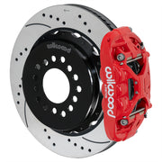 Wilwood red XRS4R rear caliper with 14.00-inch drilled and slotted rotor, assembled brake view for Big Ford New Style 2.50-inch Offset
